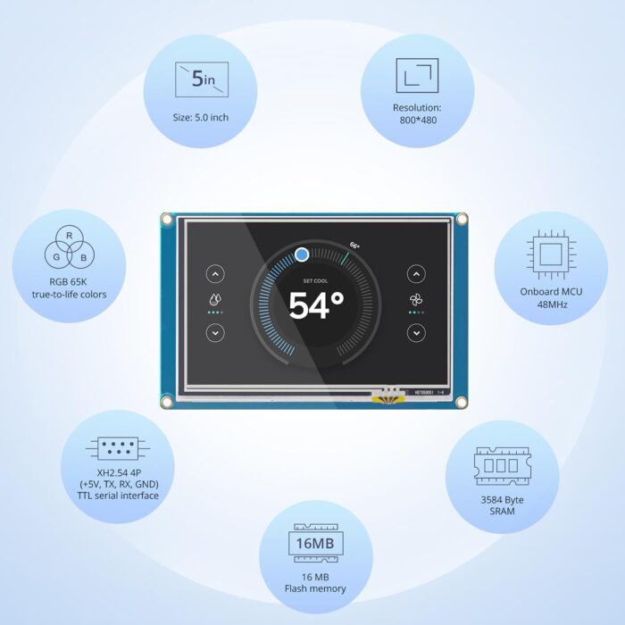 NX8048T050 5â€³ LCD TFT HMI Touch Display - 800x480 Resolution - RGB 65K Colors - TFT Screen with Integrated 4-Wire Resistive Touch Panel - for Raspberry Pi and Arduino